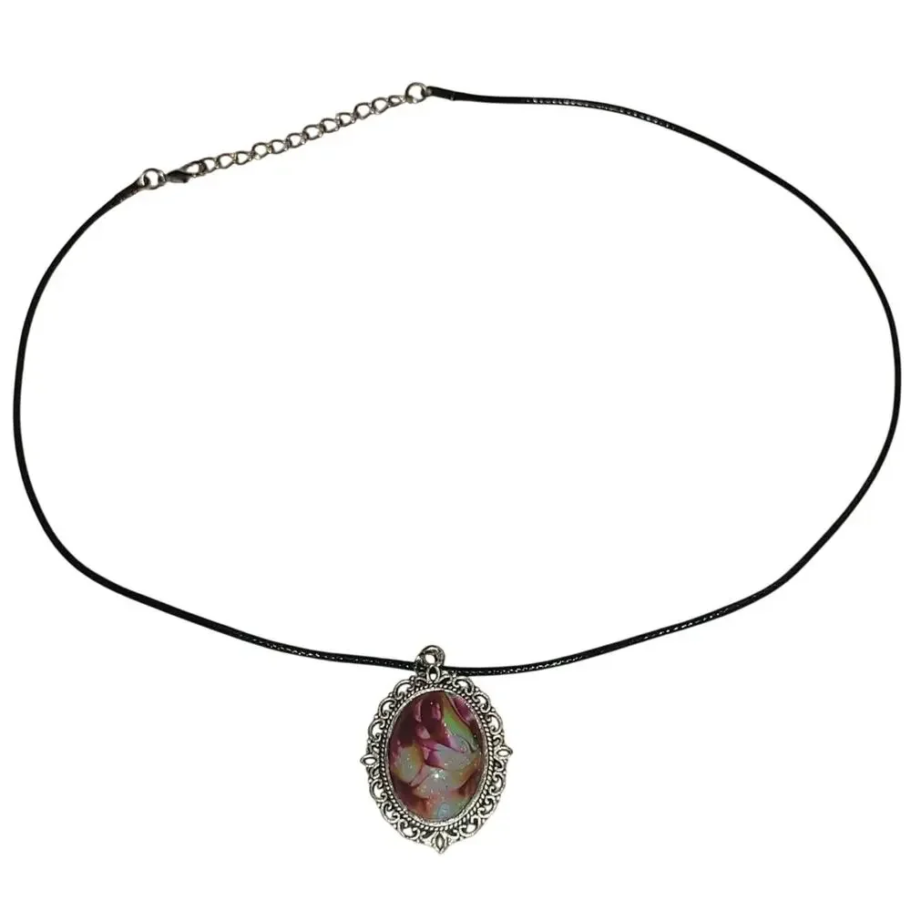 Handmade Acrylic Skin Pendant Necklace Oval Purple Green White Pink Silver Black - Picture 2 of 4